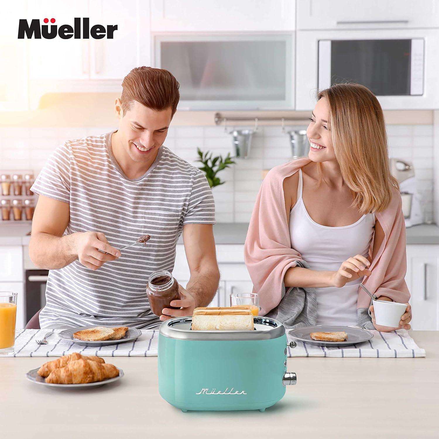 image:imageMUELLER HOME Retro Toaster 2 Slice 7 Browning Levels 3 Functions Reheat Defrost Cancel Stainless Steel Features Removable Crumb Tray Under Base Cord Storage BlackTurquoise