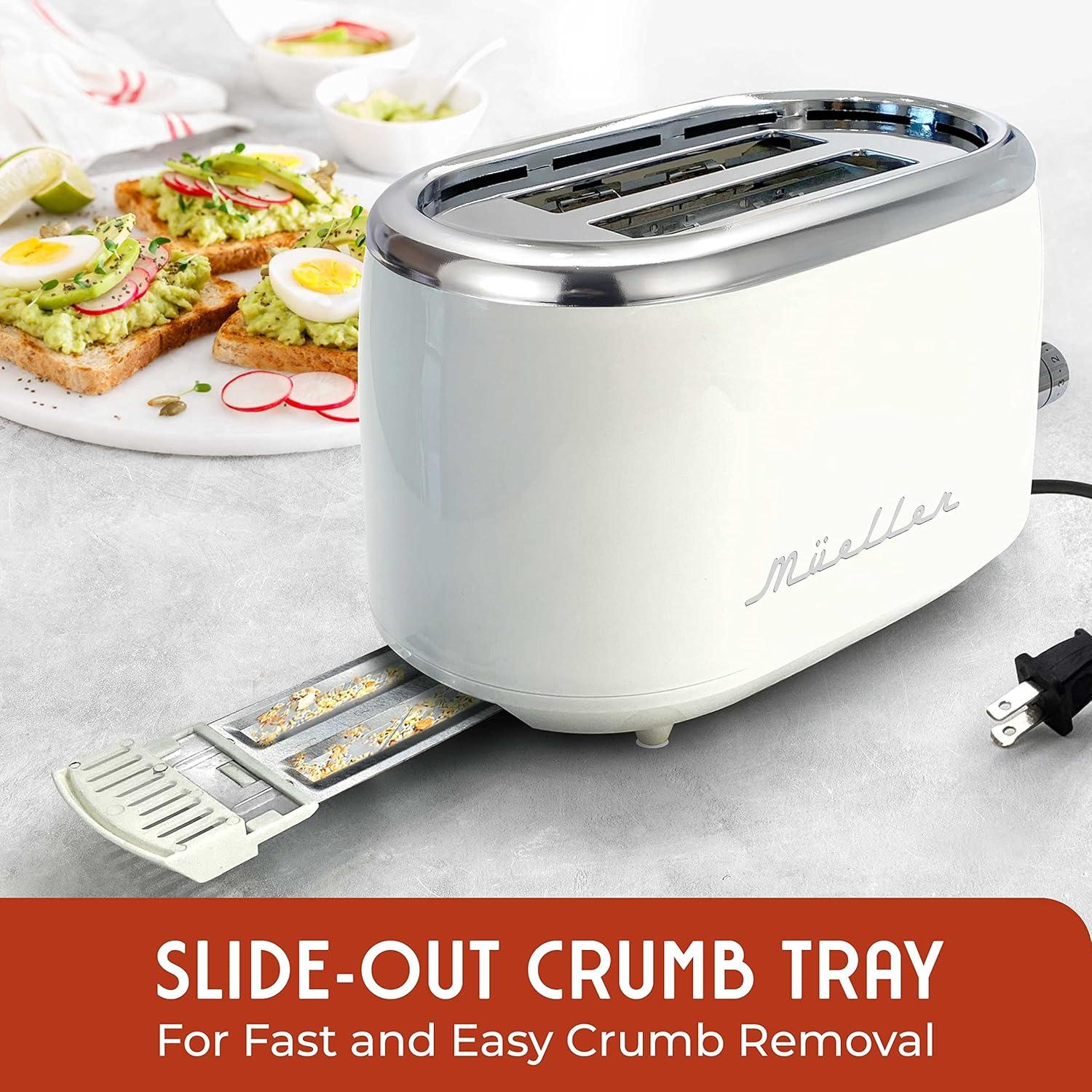 image:imageMUELLER HOME Retro Toaster 2 Slice 7 Browning Levels 3 Functions Reheat Defrost Cancel Stainless Steel Features Removable Crumb Tray Under Base Cord Storage BlackWhite