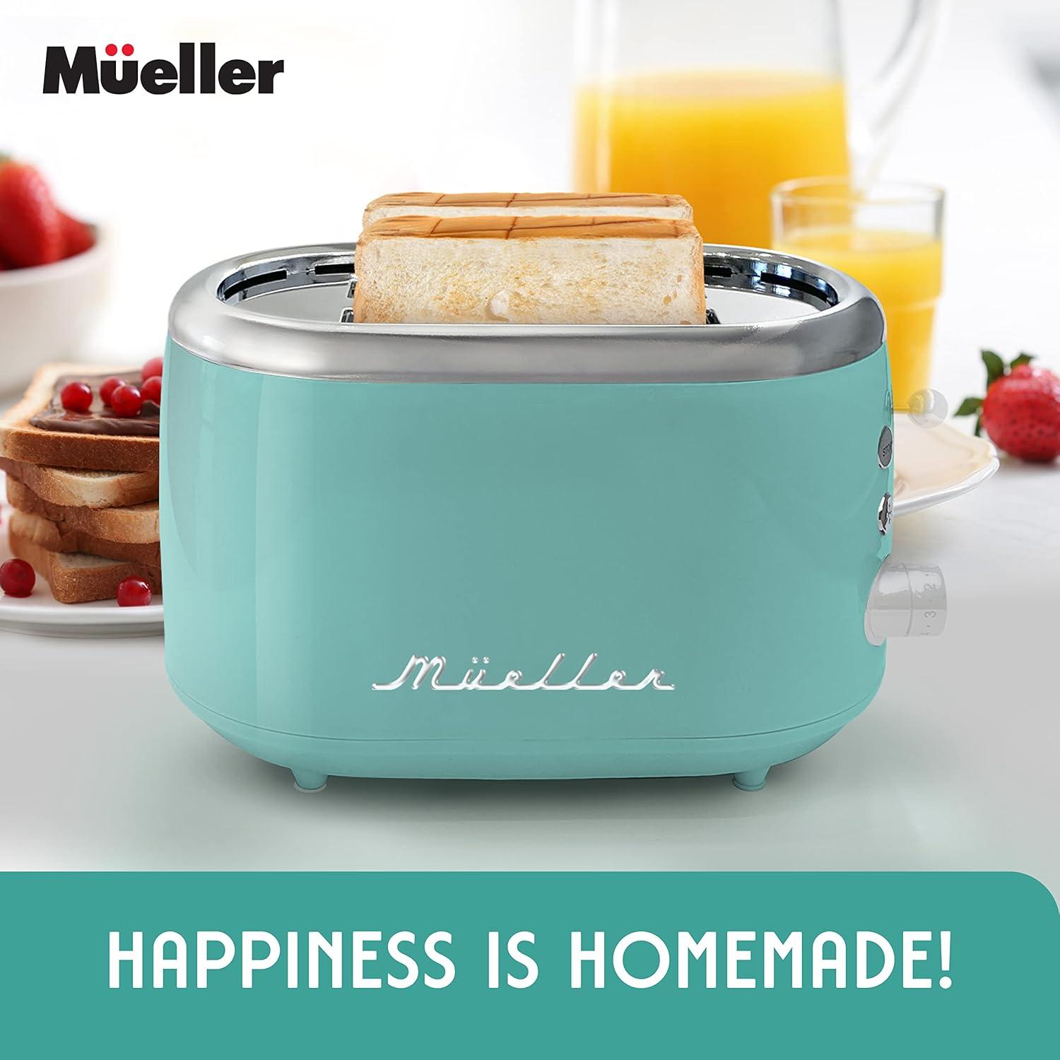 image:imageMUELLER HOME Retro Toaster 2 Slice 7 Browning Levels 3 Functions Reheat Defrost Cancel Stainless Steel Features Removable Crumb Tray Under Base Cord Storage BlackTurquoise