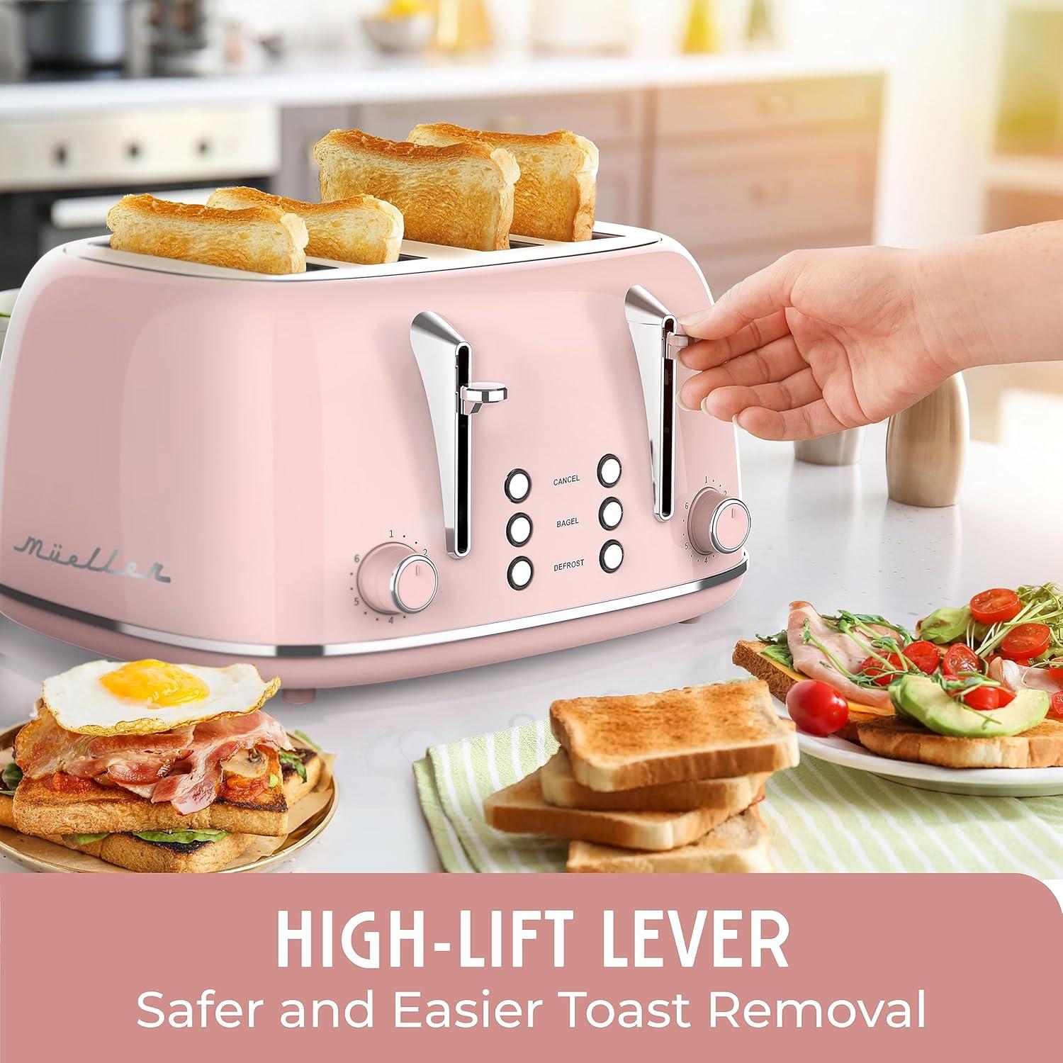 image:imageMUELLER HOME Retro Toaster 2 Slice 7 Browning Levels 3 Functions Reheat Defrost Cancel Stainless Steel Features Removable Crumb Tray Under Base Cord Storage BlackPink