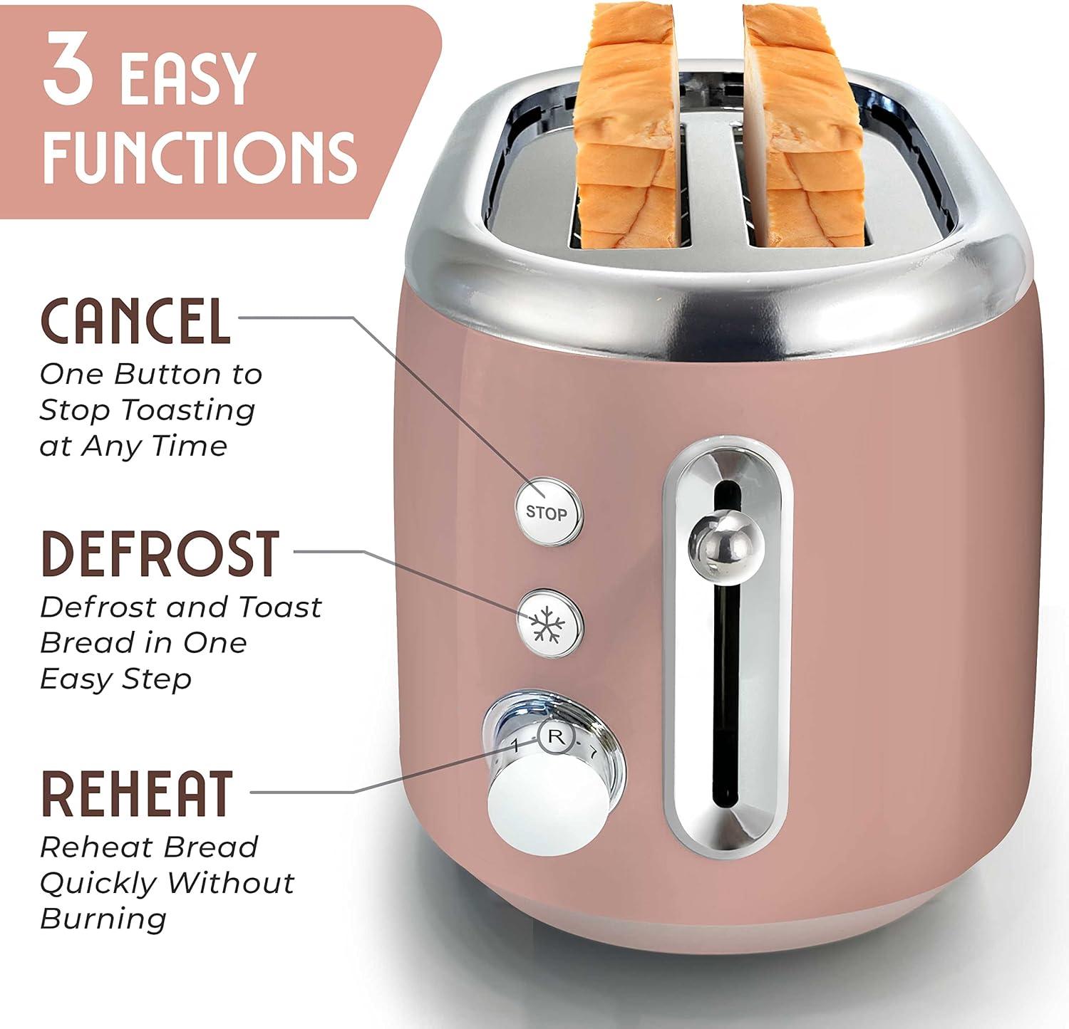 image:imageMUELLER HOME Retro Toaster 2 Slice 7 Browning Levels 3 Functions Reheat Defrost Cancel Stainless Steel Features Removable Crumb Tray Under Base Cord Storage BlackPink