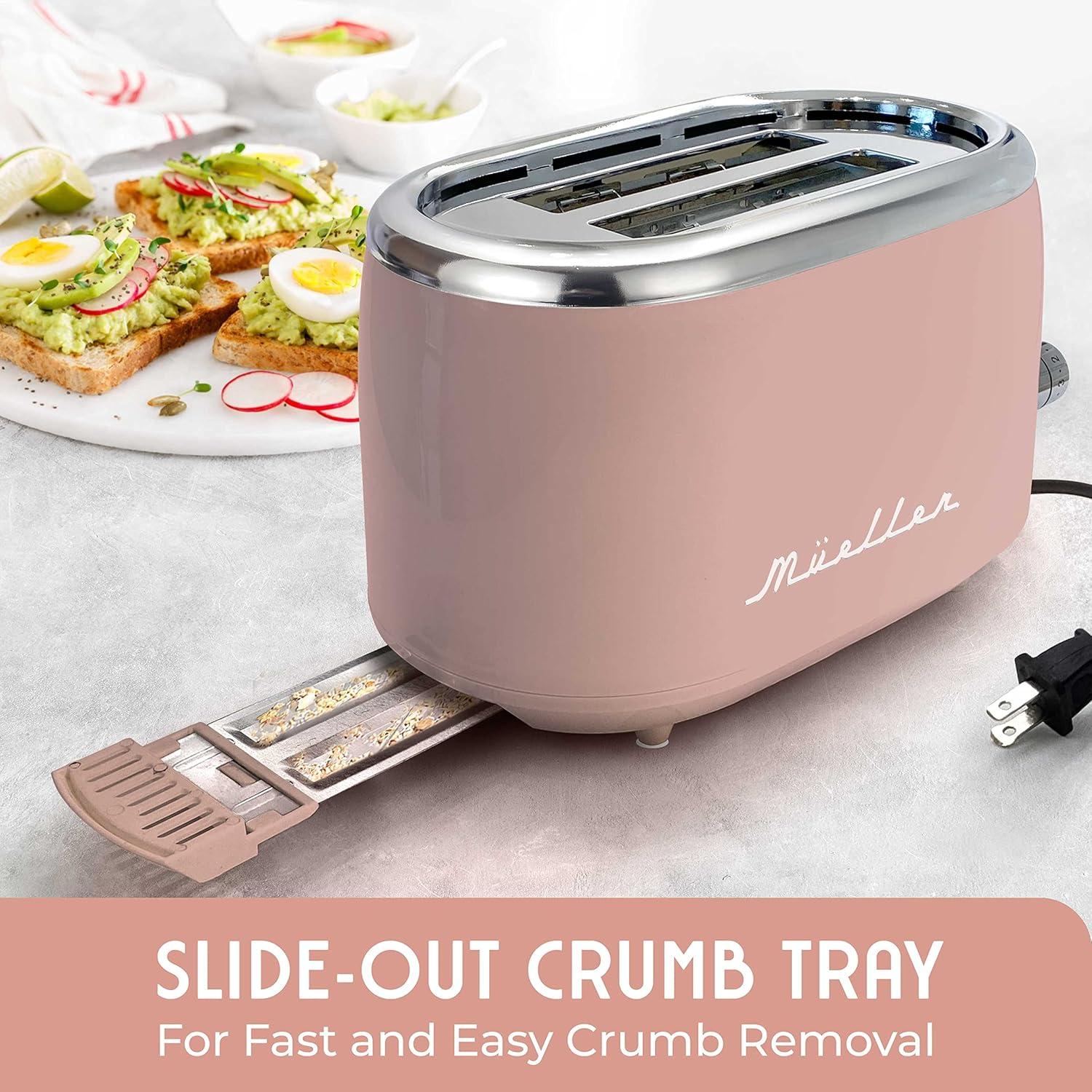 image:imageMUELLER HOME Retro Toaster 2 Slice 7 Browning Levels 3 Functions Reheat Defrost Cancel Stainless Steel Features Removable Crumb Tray Under Base Cord Storage BlackPink