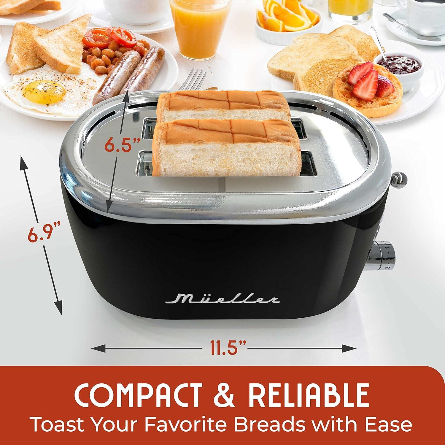 image:imageMUELLER HOME Retro Toaster 2 Slice 7 Browning Levels 3 Functions Reheat Defrost Cancel Stainless Steel Features Removable Crumb Tray Under Base Cord Storage BlackBlack