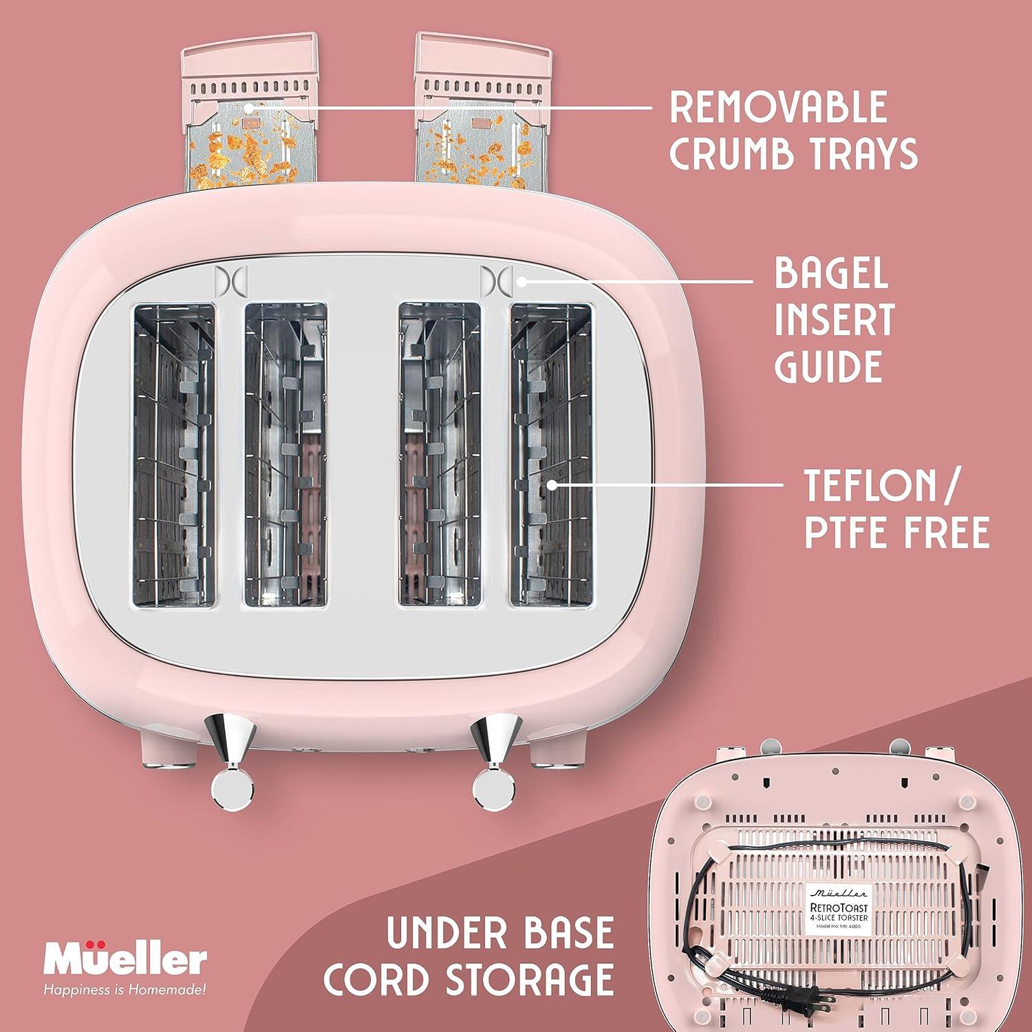 image:imageMUELLER HOME Retro Toaster 2 Slice 7 Browning Levels 3 Functions Reheat Defrost Cancel Stainless Steel Features Removable Crumb Tray Under Base Cord Storage BlackPink