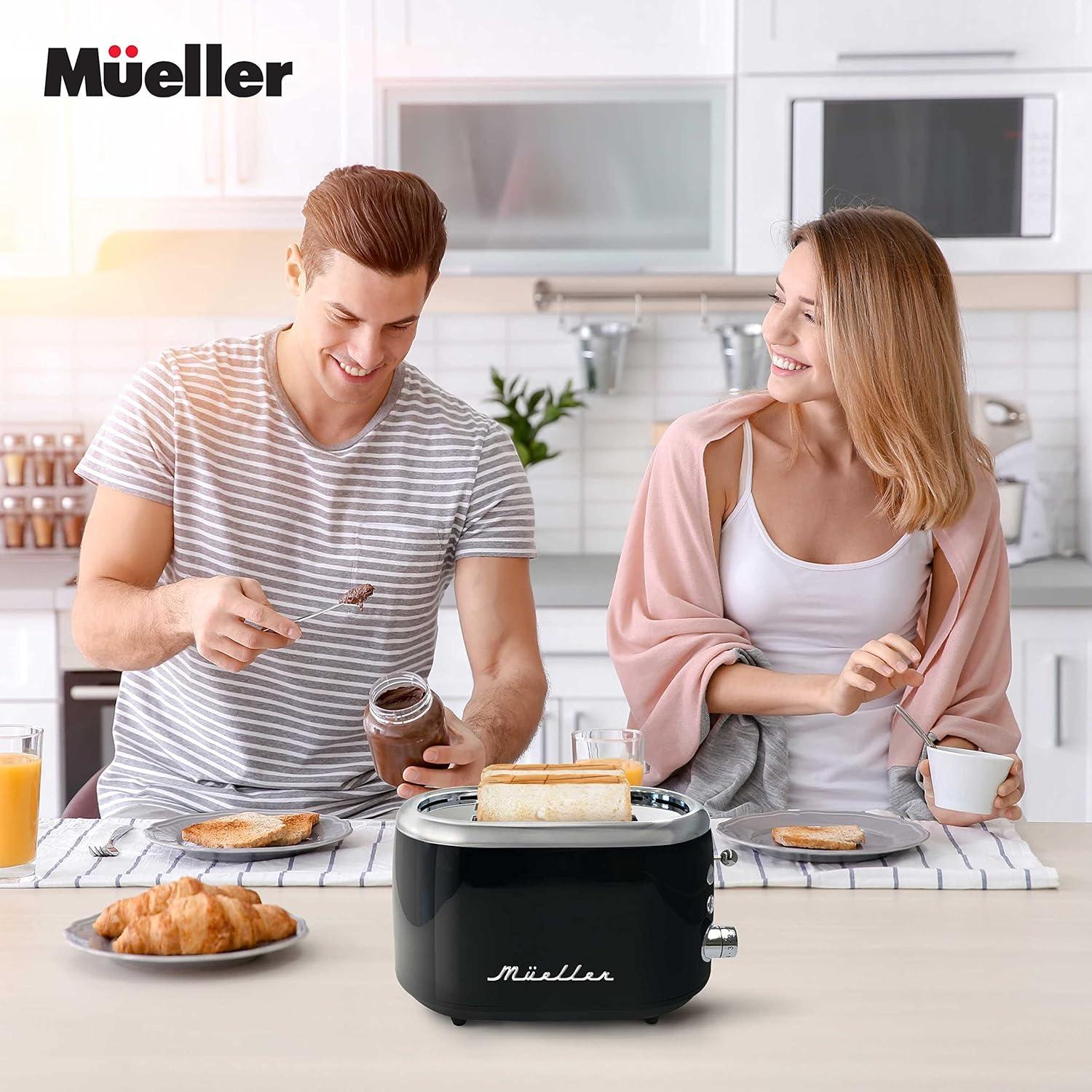 image:imageMUELLER HOME Retro Toaster 2 Slice 7 Browning Levels 3 Functions Reheat Defrost Cancel Stainless Steel Features Removable Crumb Tray Under Base Cord Storage BlackBlack