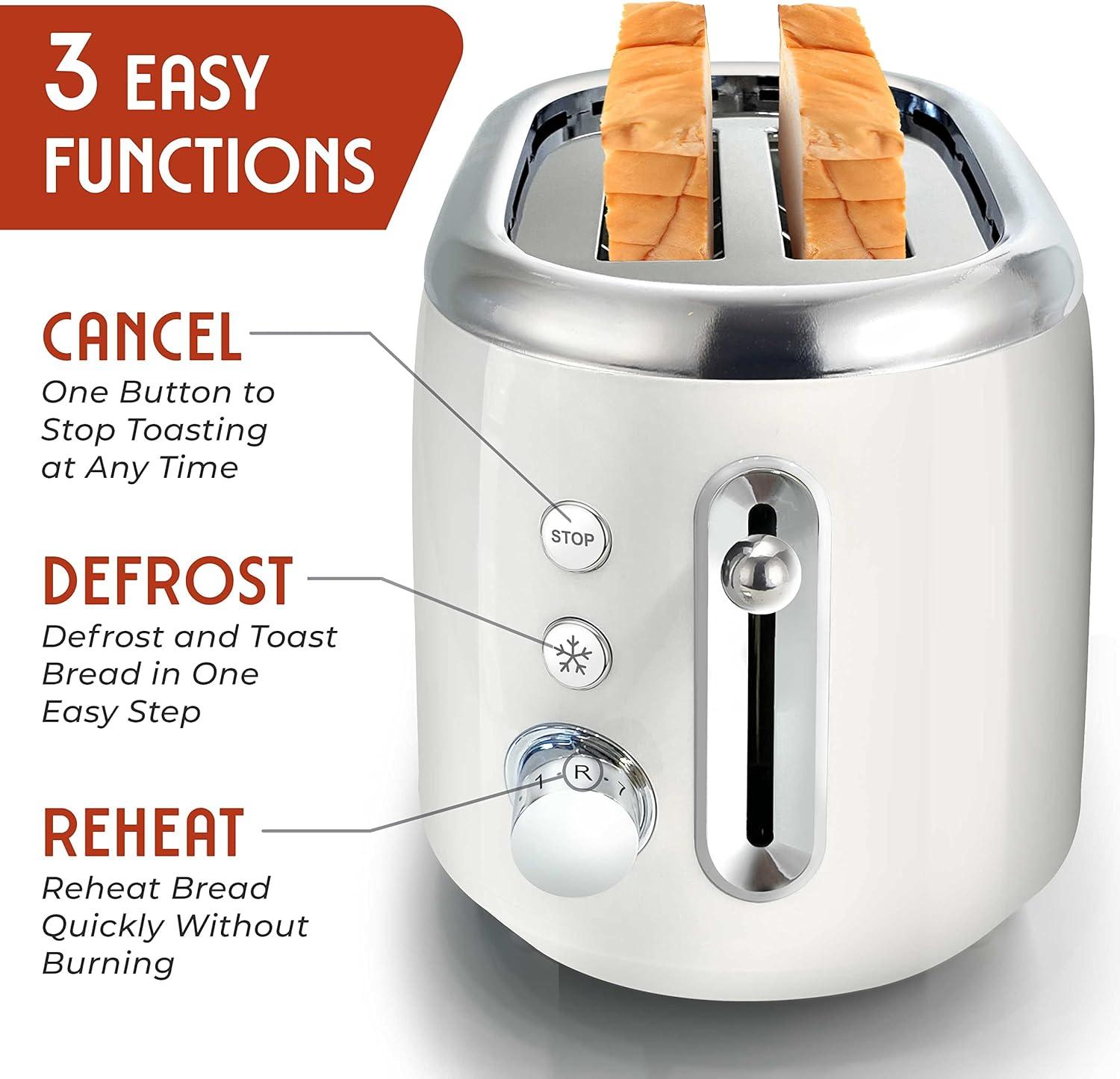 image:imageMUELLER HOME Retro Toaster 2 Slice 7 Browning Levels 3 Functions Reheat Defrost Cancel Stainless Steel Features Removable Crumb Tray Under Base Cord Storage BlackWhite