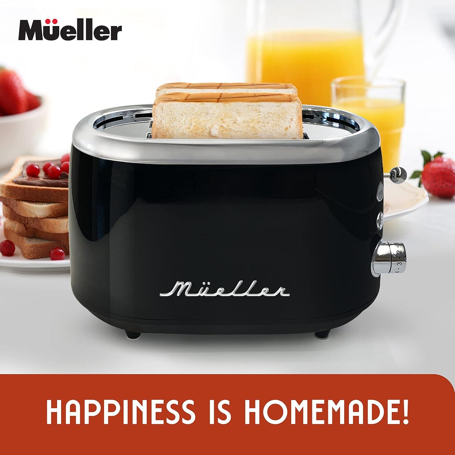 image:imageMUELLER HOME Retro Toaster 2 Slice 7 Browning Levels 3 Functions Reheat Defrost Cancel Stainless Steel Features Removable Crumb Tray Under Base Cord Storage BlackBlack