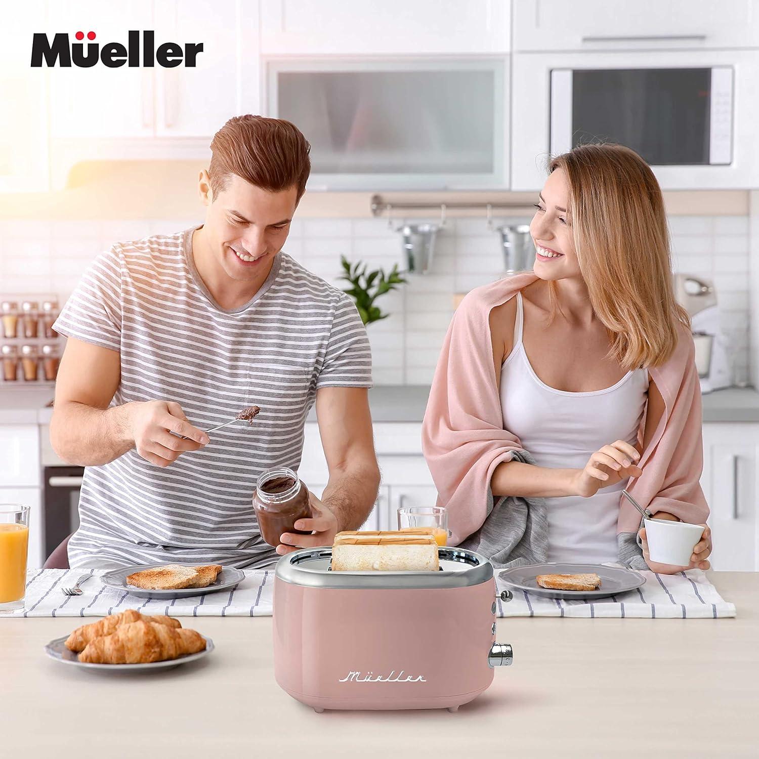 image:imageMUELLER HOME Retro Toaster 2 Slice 7 Browning Levels 3 Functions Reheat Defrost Cancel Stainless Steel Features Removable Crumb Tray Under Base Cord Storage BlackPink