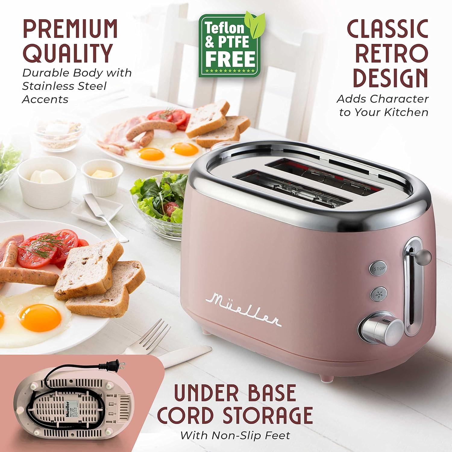 image:imageMUELLER HOME Retro Toaster 2 Slice 7 Browning Levels 3 Functions Reheat Defrost Cancel Stainless Steel Features Removable Crumb Tray Under Base Cord Storage BlackPink