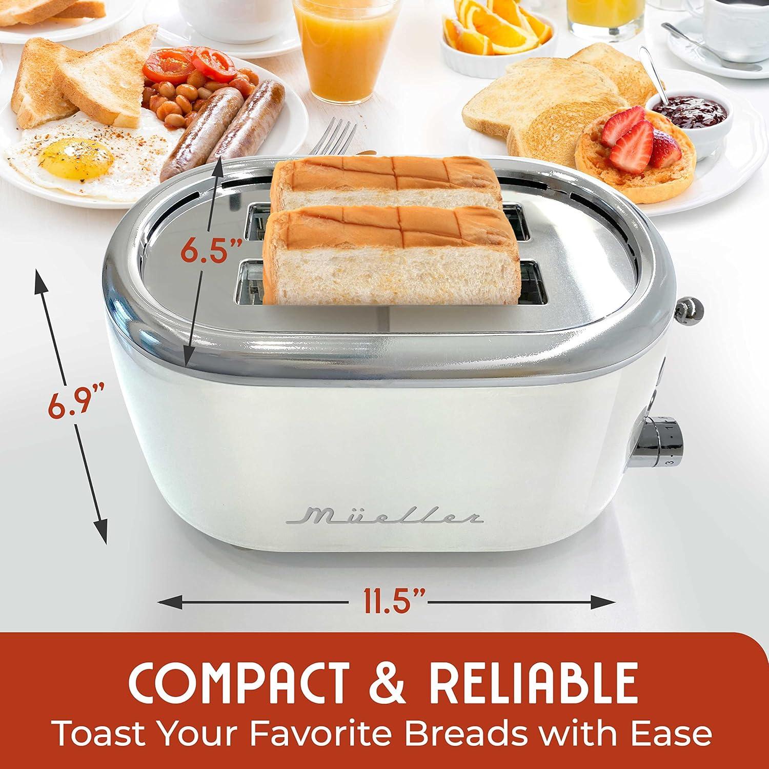 image:imageMUELLER HOME Retro Toaster 2 Slice 7 Browning Levels 3 Functions Reheat Defrost Cancel Stainless Steel Features Removable Crumb Tray Under Base Cord Storage BlackWhite