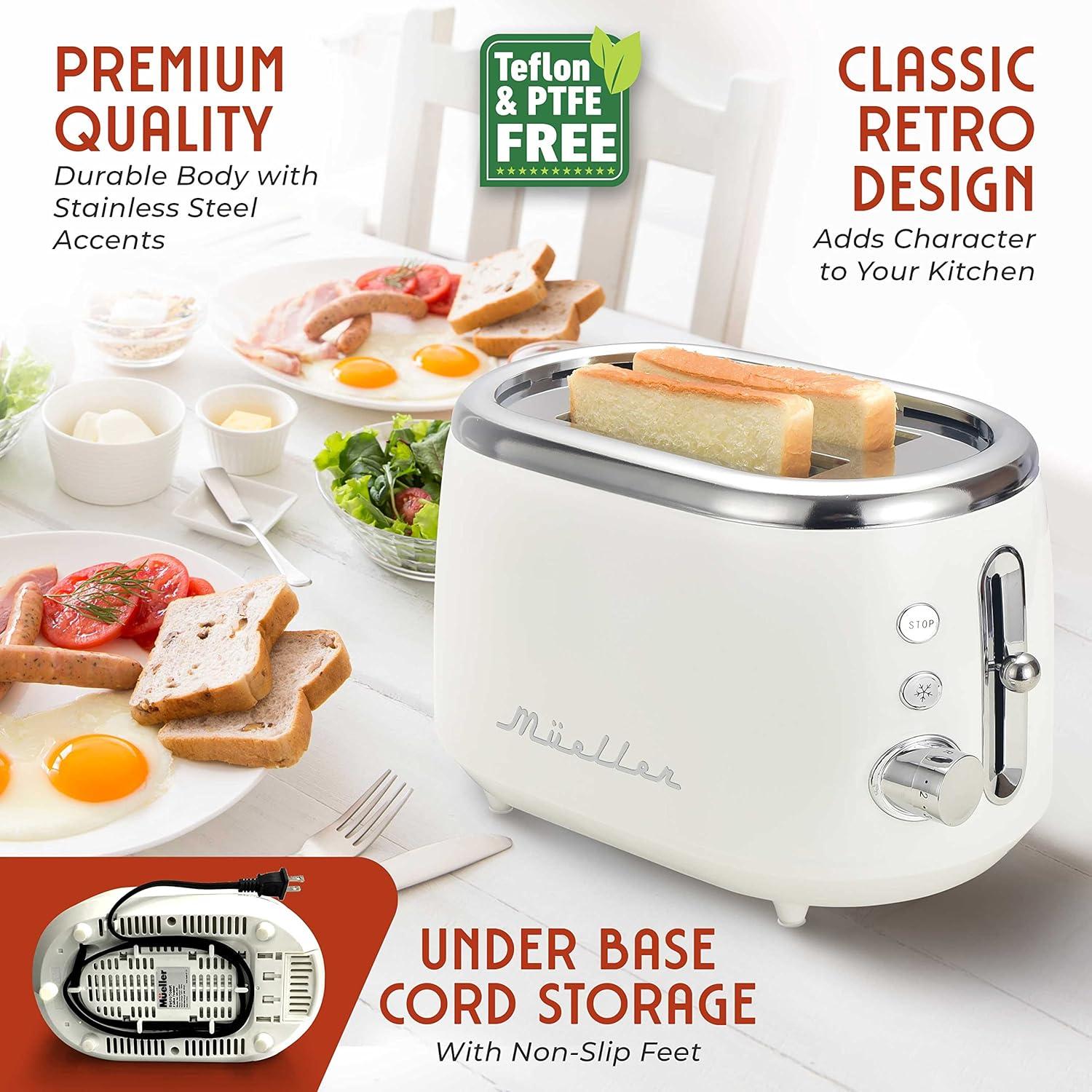 image:imageMUELLER HOME Retro Toaster 2 Slice 7 Browning Levels 3 Functions Reheat Defrost Cancel Stainless Steel Features Removable Crumb Tray Under Base Cord Storage BlackWhite