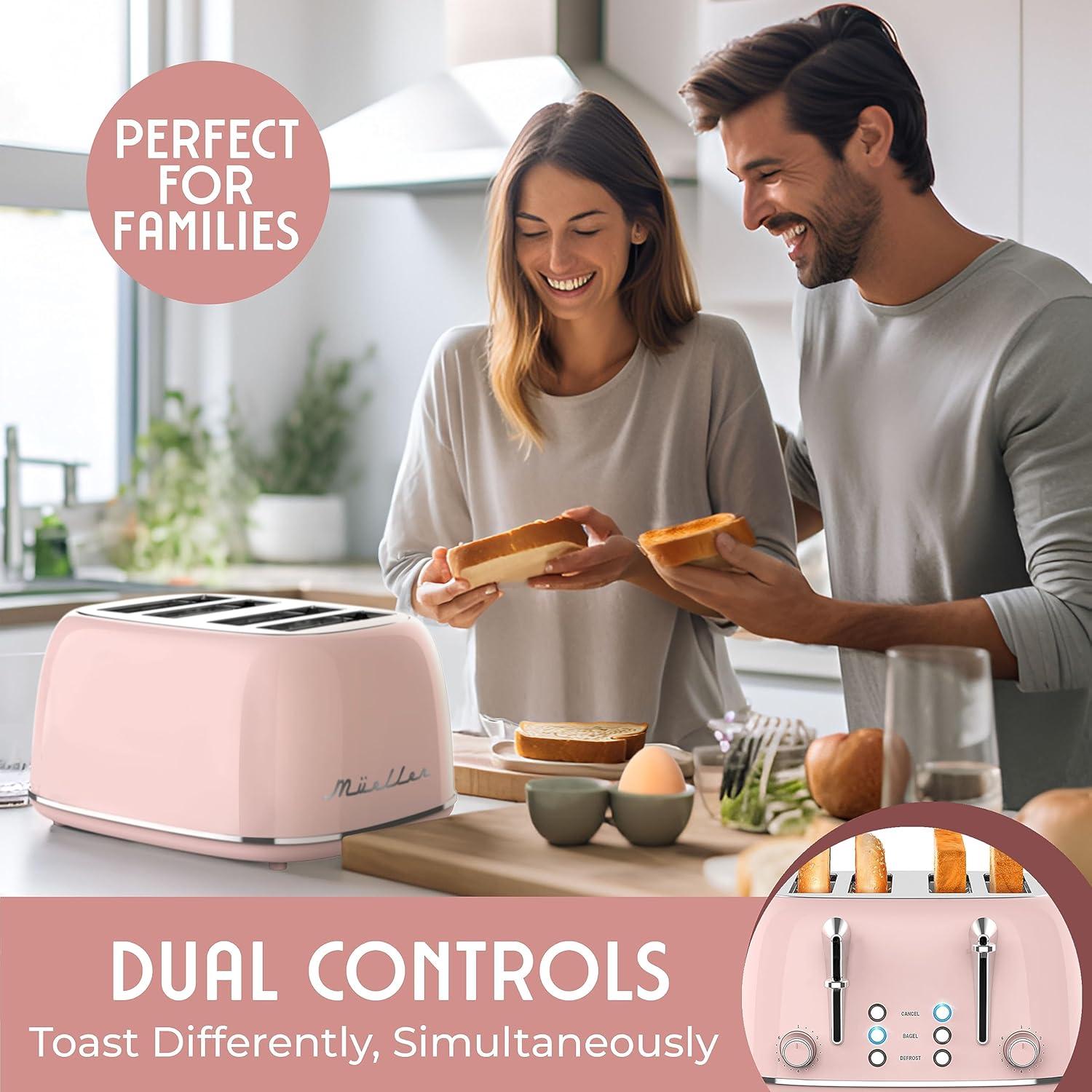 image:imageMUELLER HOME Retro Toaster 2 Slice 7 Browning Levels 3 Functions Reheat Defrost Cancel Stainless Steel Features Removable Crumb Tray Under Base Cord Storage BlackPink