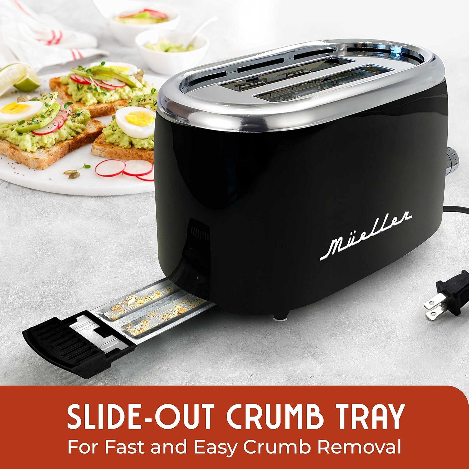 image:imageMUELLER HOME Retro Toaster 2 Slice 7 Browning Levels 3 Functions Reheat Defrost Cancel Stainless Steel Features Removable Crumb Tray Under Base Cord Storage BlackBlack