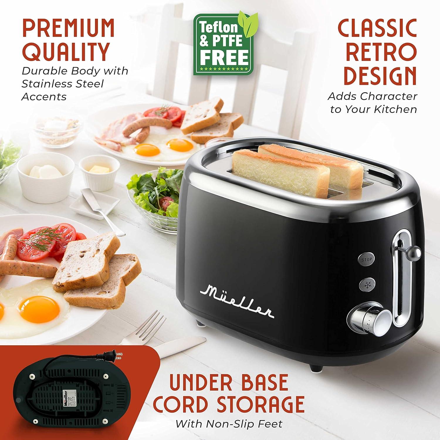 image:imageMUELLER HOME Retro Toaster 2 Slice 7 Browning Levels 3 Functions Reheat Defrost Cancel Stainless Steel Features Removable Crumb Tray Under Base Cord Storage BlackBlack