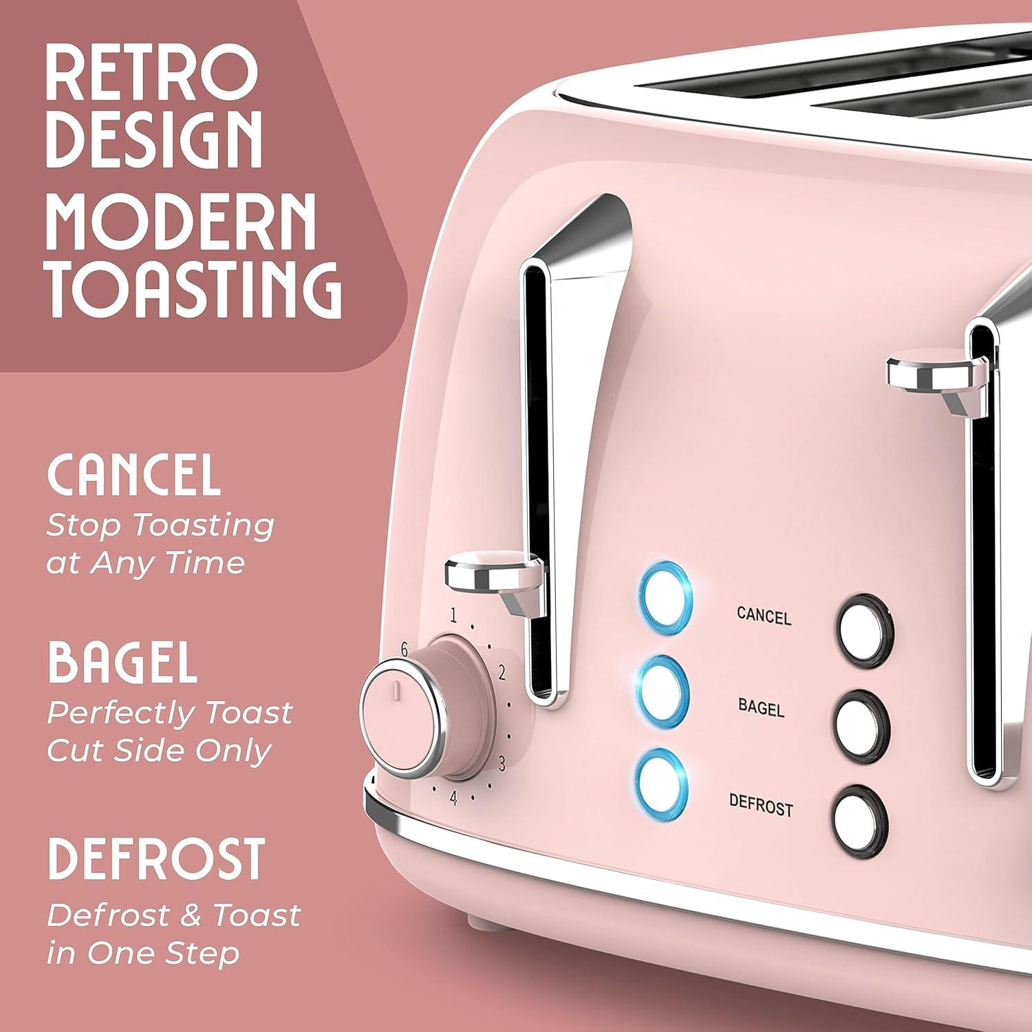 image:imageMUELLER HOME Retro Toaster 2 Slice 7 Browning Levels 3 Functions Reheat Defrost Cancel Stainless Steel Features Removable Crumb Tray Under Base Cord Storage BlackPink