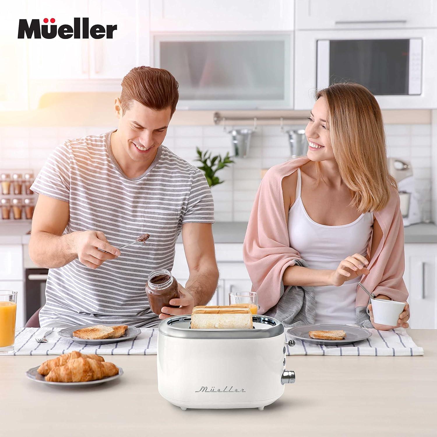 image:imageMUELLER HOME Retro Toaster 2 Slice 7 Browning Levels 3 Functions Reheat Defrost Cancel Stainless Steel Features Removable Crumb Tray Under Base Cord Storage BlackWhite