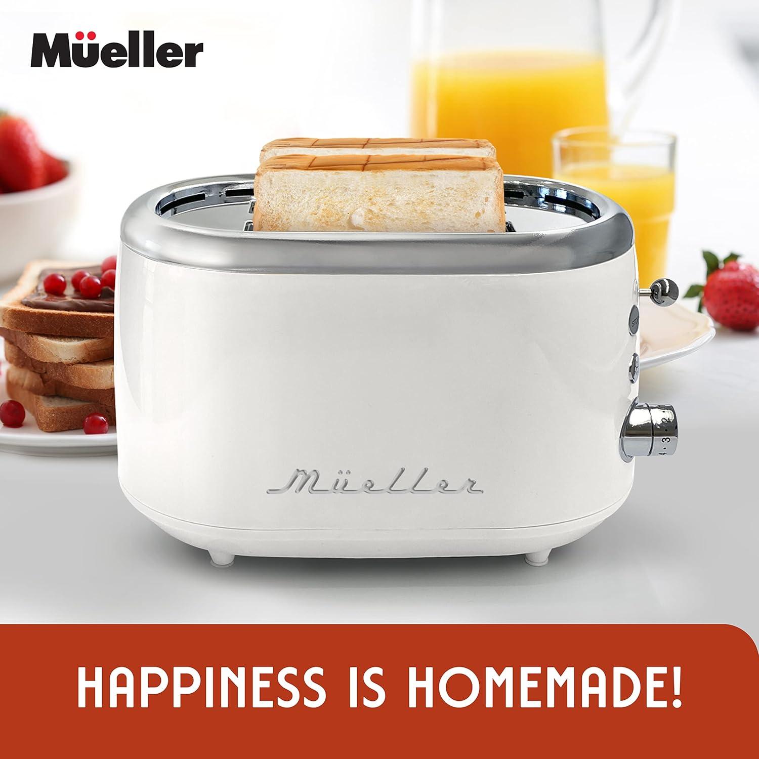 image:imageMUELLER HOME Retro Toaster 2 Slice 7 Browning Levels 3 Functions Reheat Defrost Cancel Stainless Steel Features Removable Crumb Tray Under Base Cord Storage BlackWhite