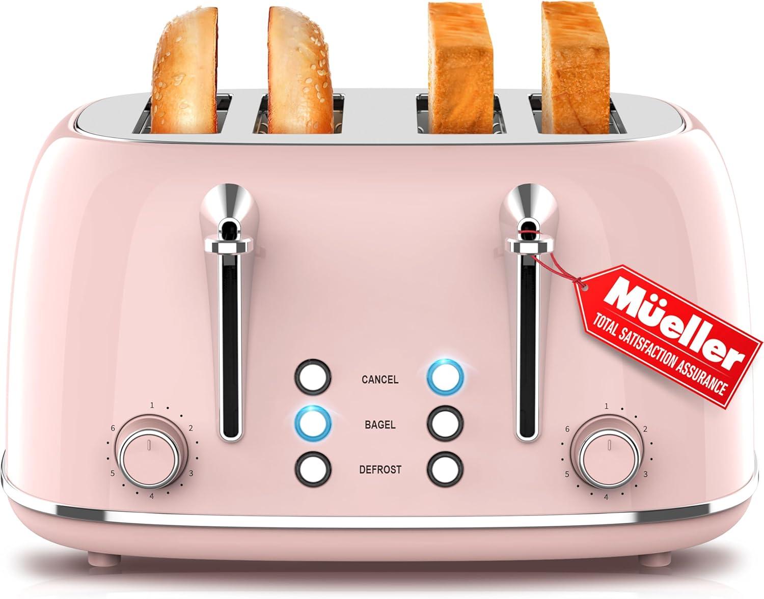 image:imageMUELLER HOME Retro Toaster 2 Slice 7 Browning Levels 3 Functions Reheat Defrost Cancel Stainless Steel Features Removable Crumb Tray Under Base Cord Storage BlackPink