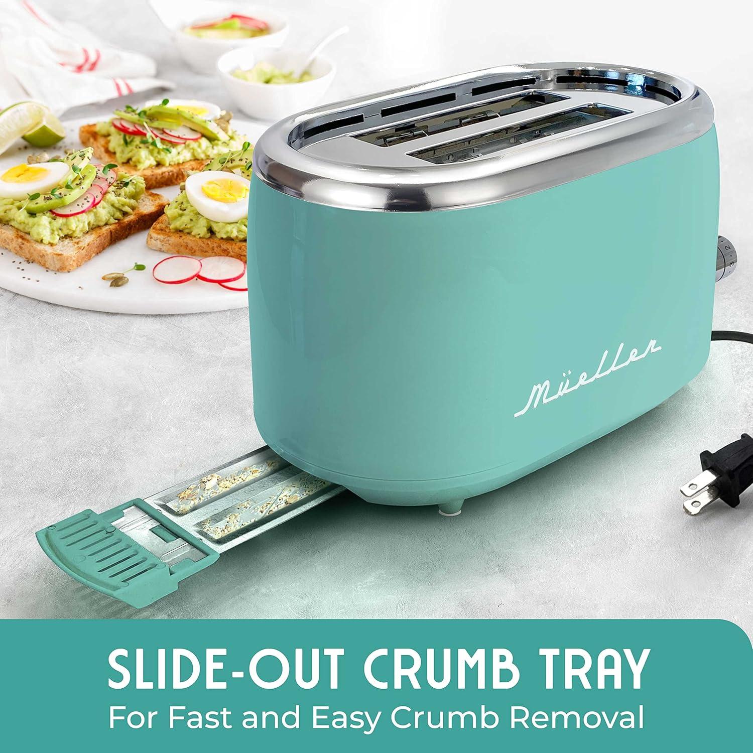 image:imageMUELLER HOME Retro Toaster 2 Slice 7 Browning Levels 3 Functions Reheat Defrost Cancel Stainless Steel Features Removable Crumb Tray Under Base Cord Storage BlackTurquoise