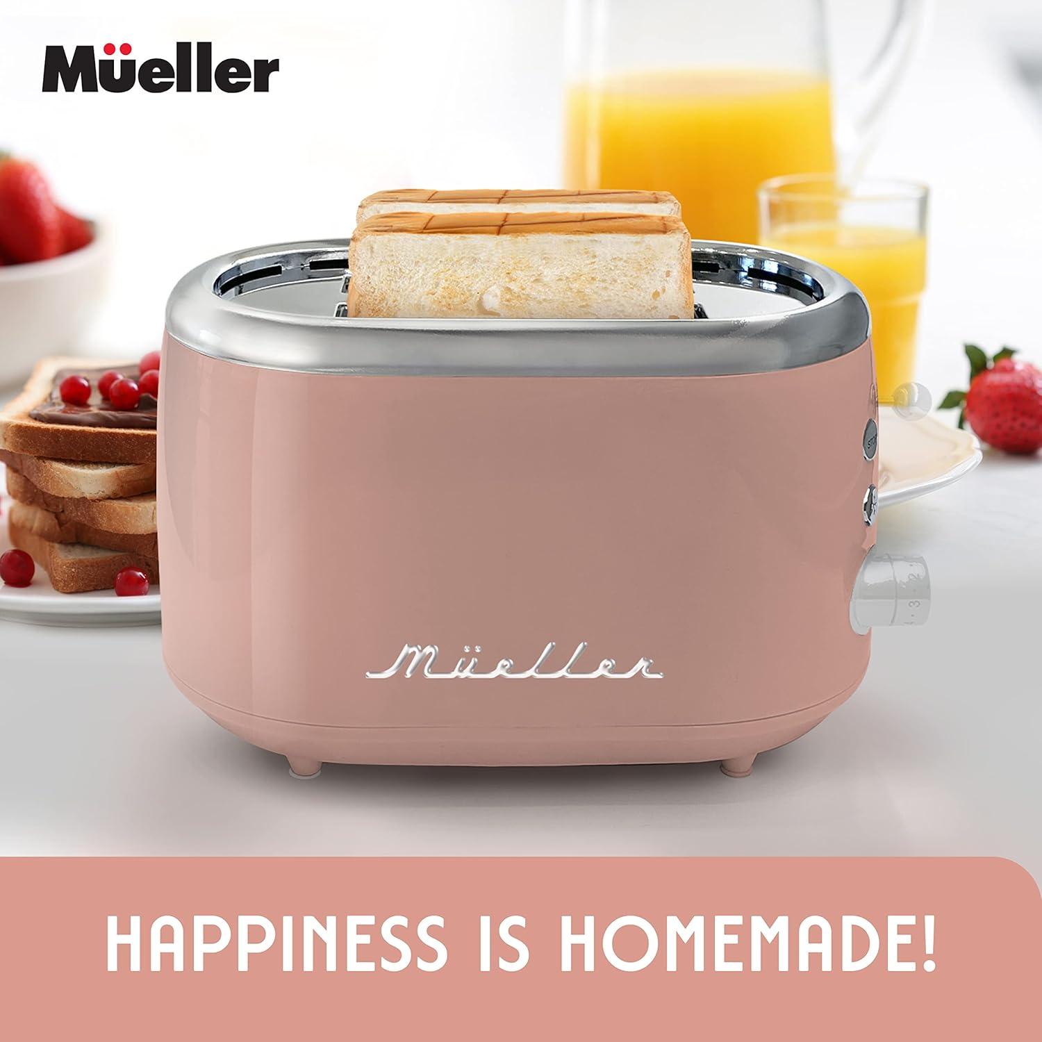 image:imageMUELLER HOME Retro Toaster 2 Slice 7 Browning Levels 3 Functions Reheat Defrost Cancel Stainless Steel Features Removable Crumb Tray Under Base Cord Storage BlackPink