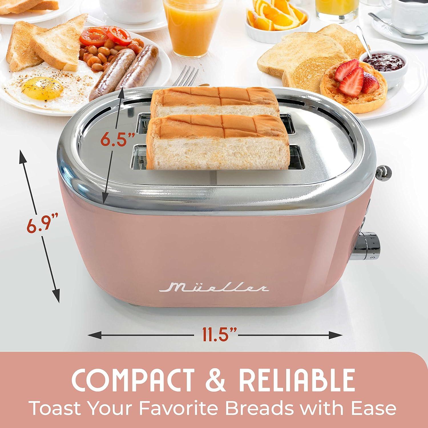 image:imageMUELLER HOME Retro Toaster 2 Slice 7 Browning Levels 3 Functions Reheat Defrost Cancel Stainless Steel Features Removable Crumb Tray Under Base Cord Storage BlackPink