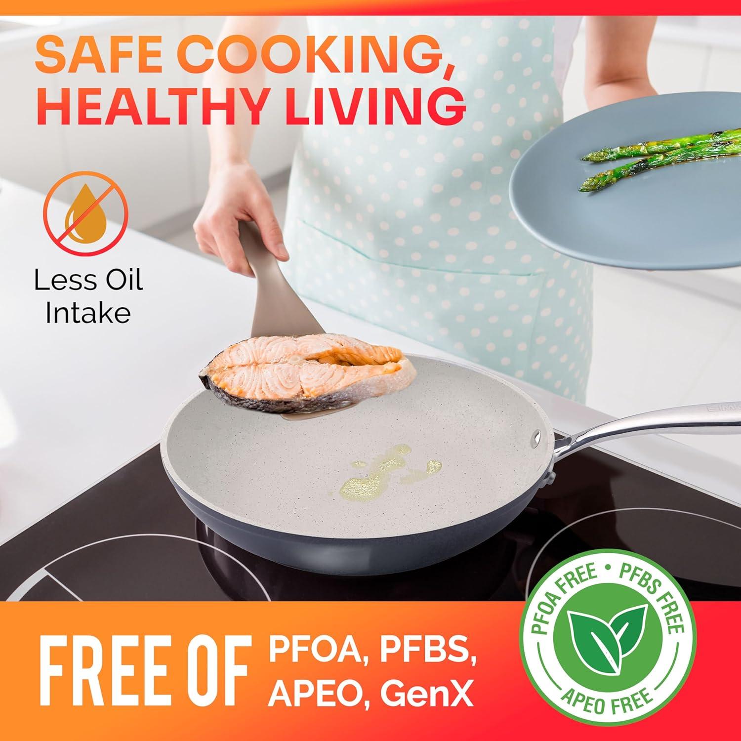 image:imageMueller 12Inch Fry Pan Heavy Duty NonStick German Stone Coating Cookware Aluminum Body Even Heat Distribution No PFOA or APEO EverCool Stainless Steel Handle GreyL Grey