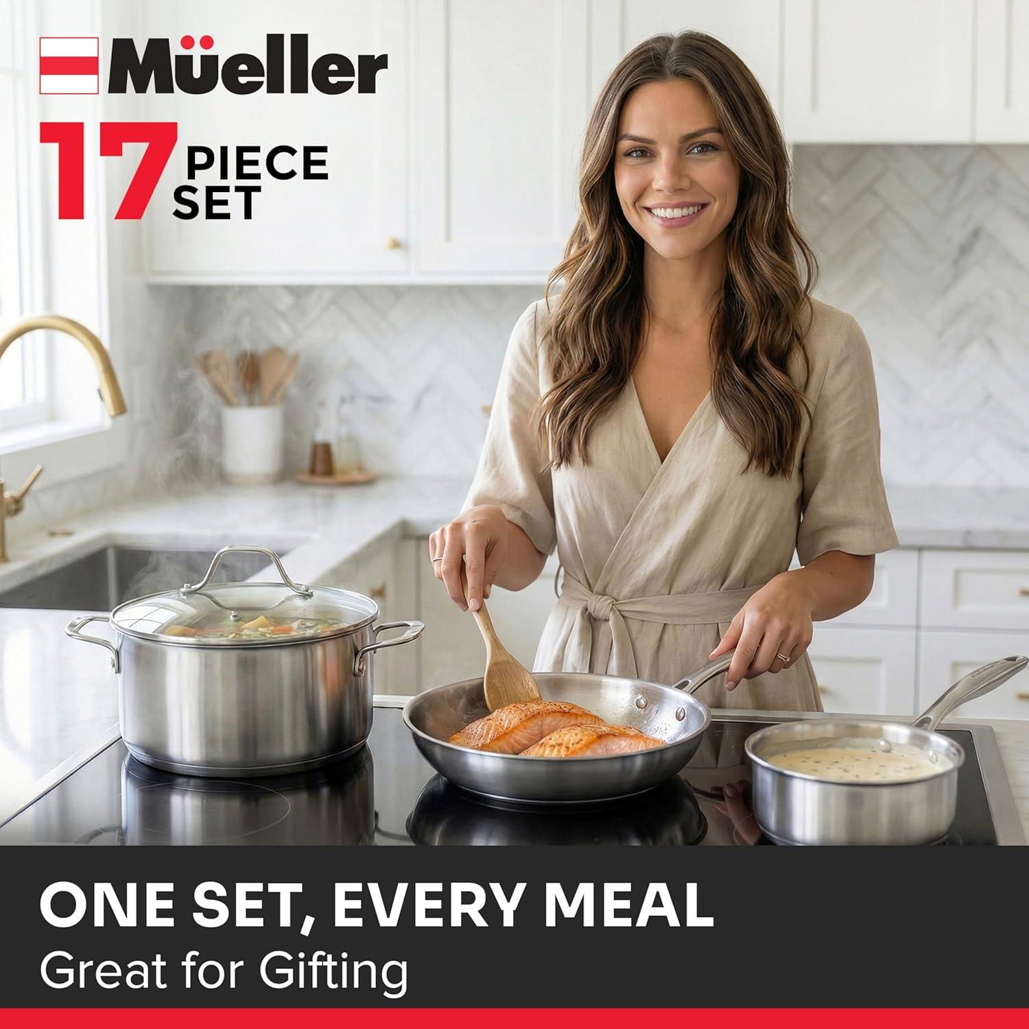 image:imageMueller 16Piece NonStick Stone Cookware Set with Steamer and Glass Lids TurquoiseSilver