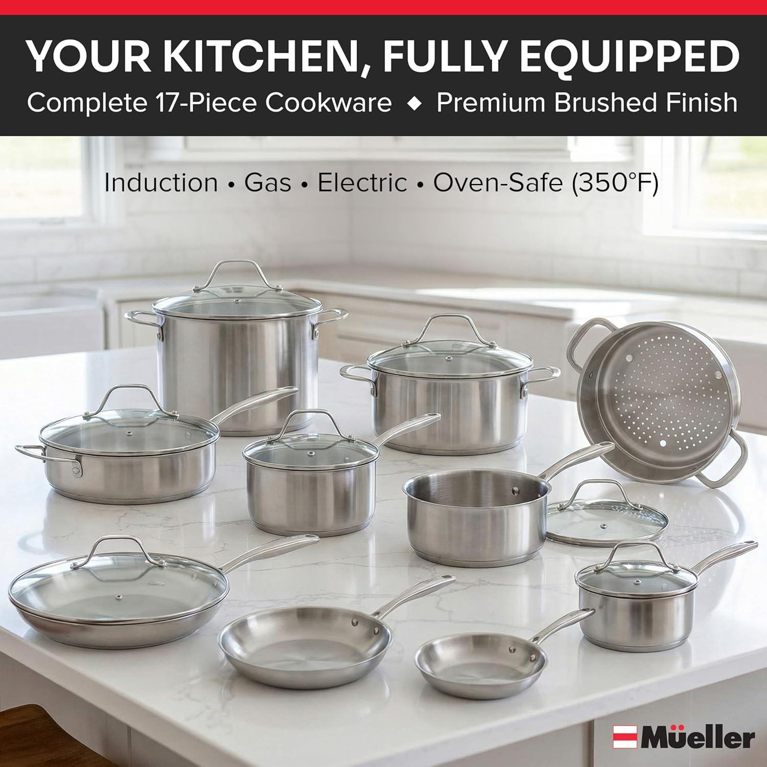 image:imageMueller 16Piece NonStick Stone Cookware Set with Steamer and Glass Lids TurquoiseSilver