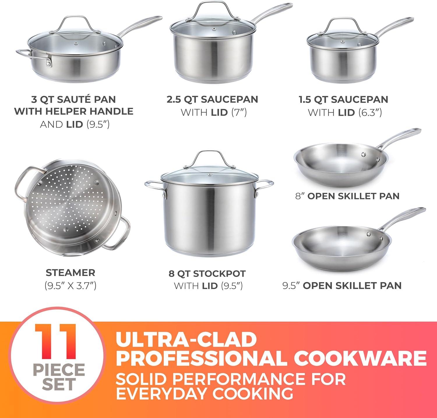 image:imageMueller Pots and Pans Set 11Piece UltraClad Pro Stainless Steel Cookware Set Ergonomic and EverCool Stainless Steel Handle Includes Saucepans Skillets Stockpot Saute Pan SteamerSilver