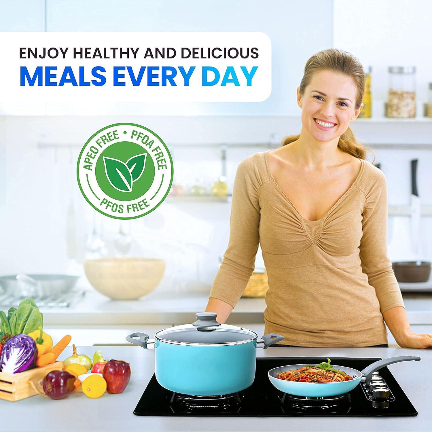 image:imageMueller Pots and Pans Set 11Piece UltraClad Pro Stainless Steel Cookware Set Ergonomic and EverCool Stainless Steel Handle Includes Saucepans Skillets Stockpot Saute Pan SteamerTurquoise
