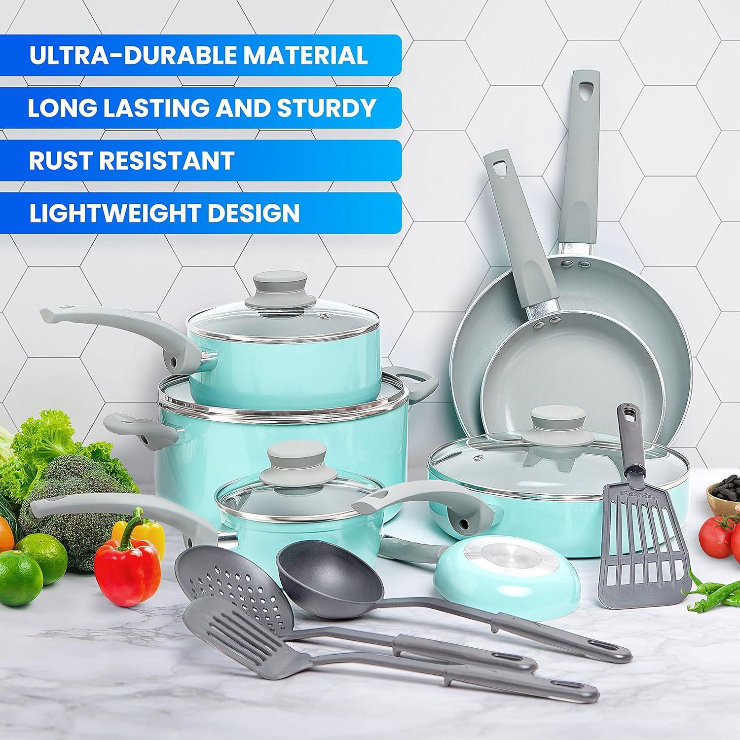image:imageMueller Pots and Pans Set 11Piece UltraClad Pro Stainless Steel Cookware Set Ergonomic and EverCool Stainless Steel Handle Includes Saucepans Skillets Stockpot Saute Pan SteamerTurquoise