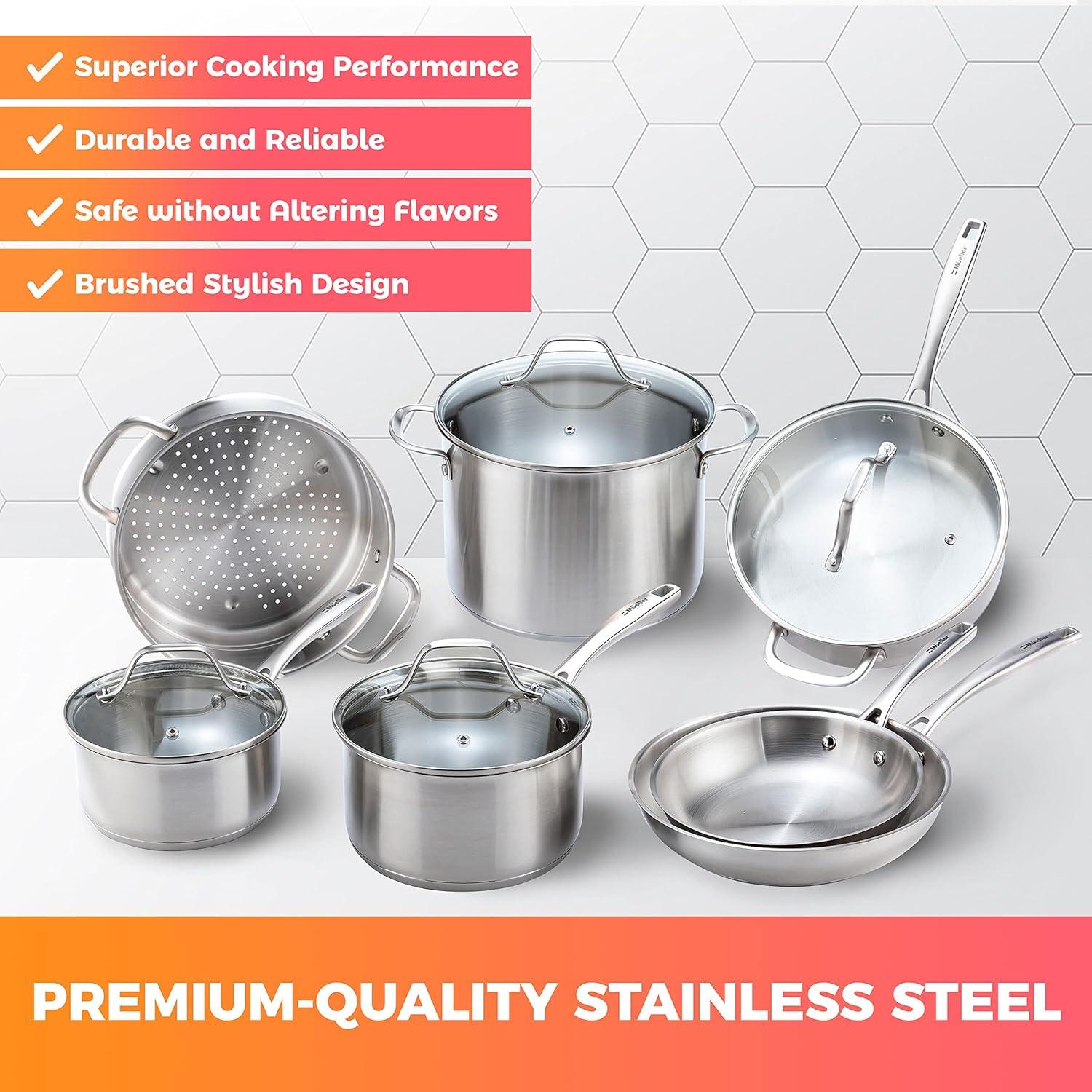 image:imageMueller Pots and Pans Set 11Piece UltraClad Pro Stainless Steel Cookware Set Ergonomic and EverCool Stainless Steel Handle Includes Saucepans Skillets Stockpot Saute Pan SteamerSilver