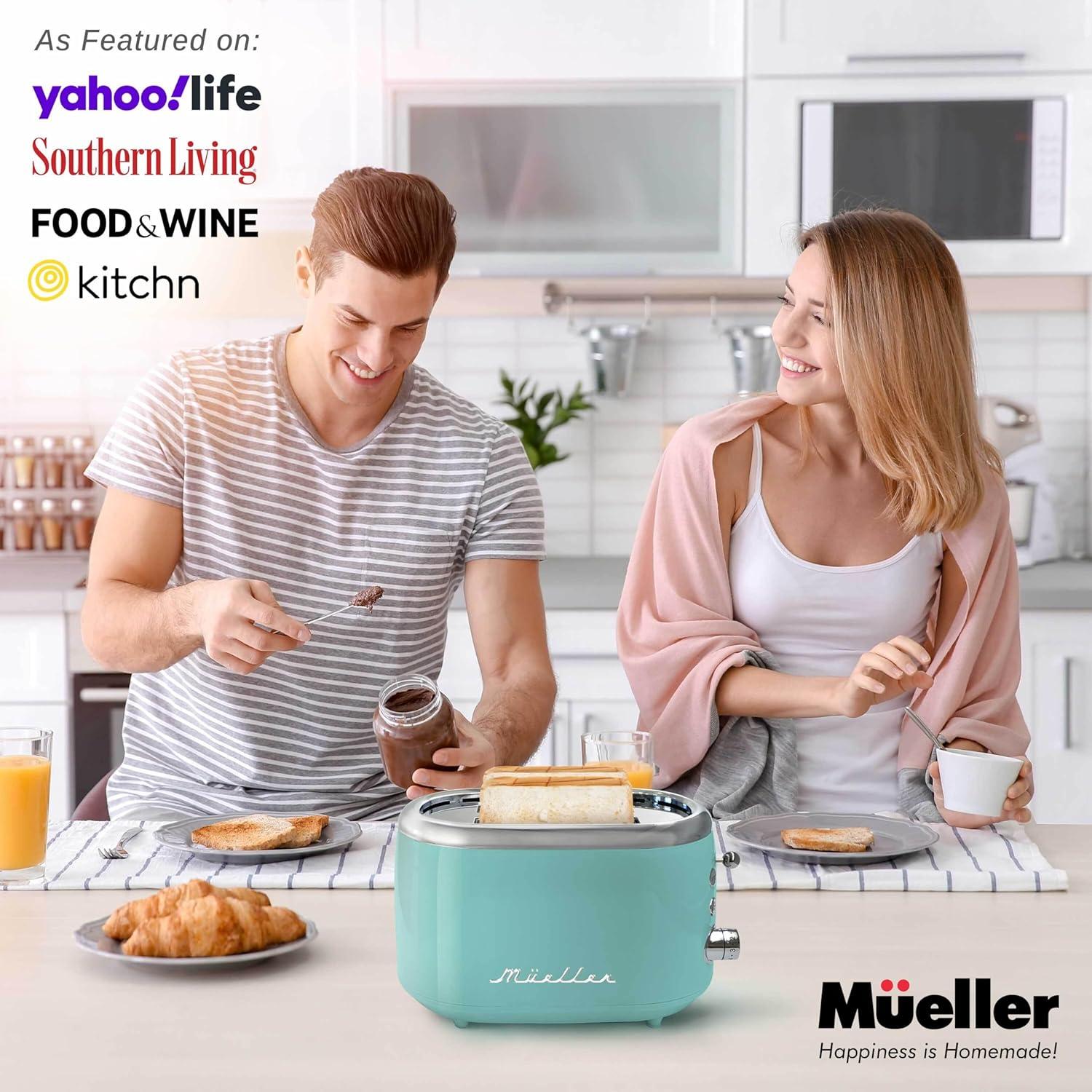 image:imageMueller Retro Toaster 2 Slice with 7 Browning Levels and 3 Functions Reheat Defrost amp Cancel Stainless Steel Features Removable Crumb Tray Under Base Cord Storage TurquoiseTurquoise