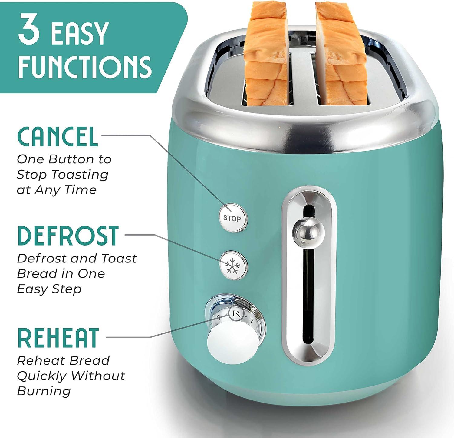 image:imageMueller Retro Toaster 2 Slice with 7 Browning Levels and 3 Functions Reheat Defrost amp Cancel Stainless Steel Features Removable Crumb Tray Under Base Cord Storage TurquoiseTurquoise
