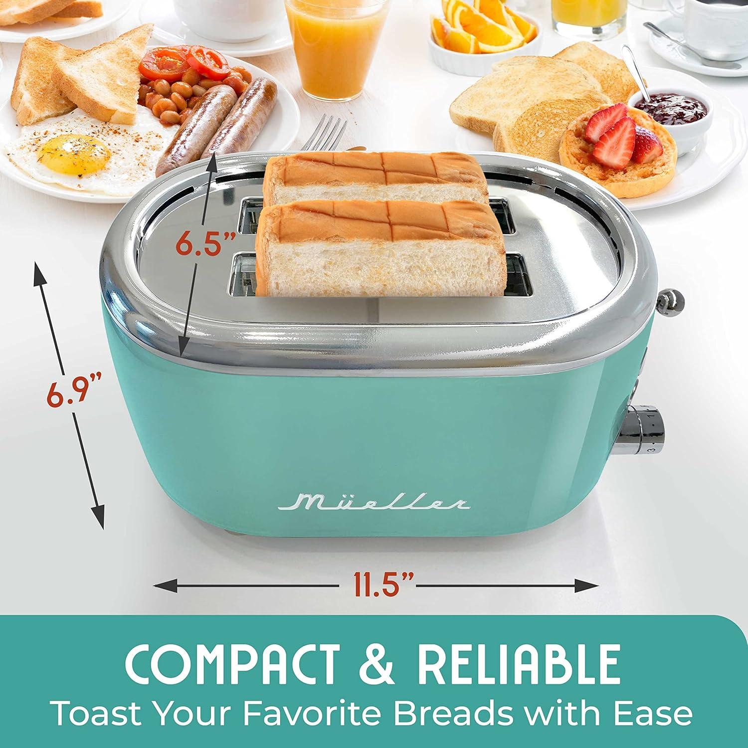 image:imageMueller Retro Toaster 2 Slice with 7 Browning Levels and 3 Functions Reheat Defrost amp Cancel Stainless Steel Features Removable Crumb Tray Under Base Cord Storage TurquoiseTurquoise