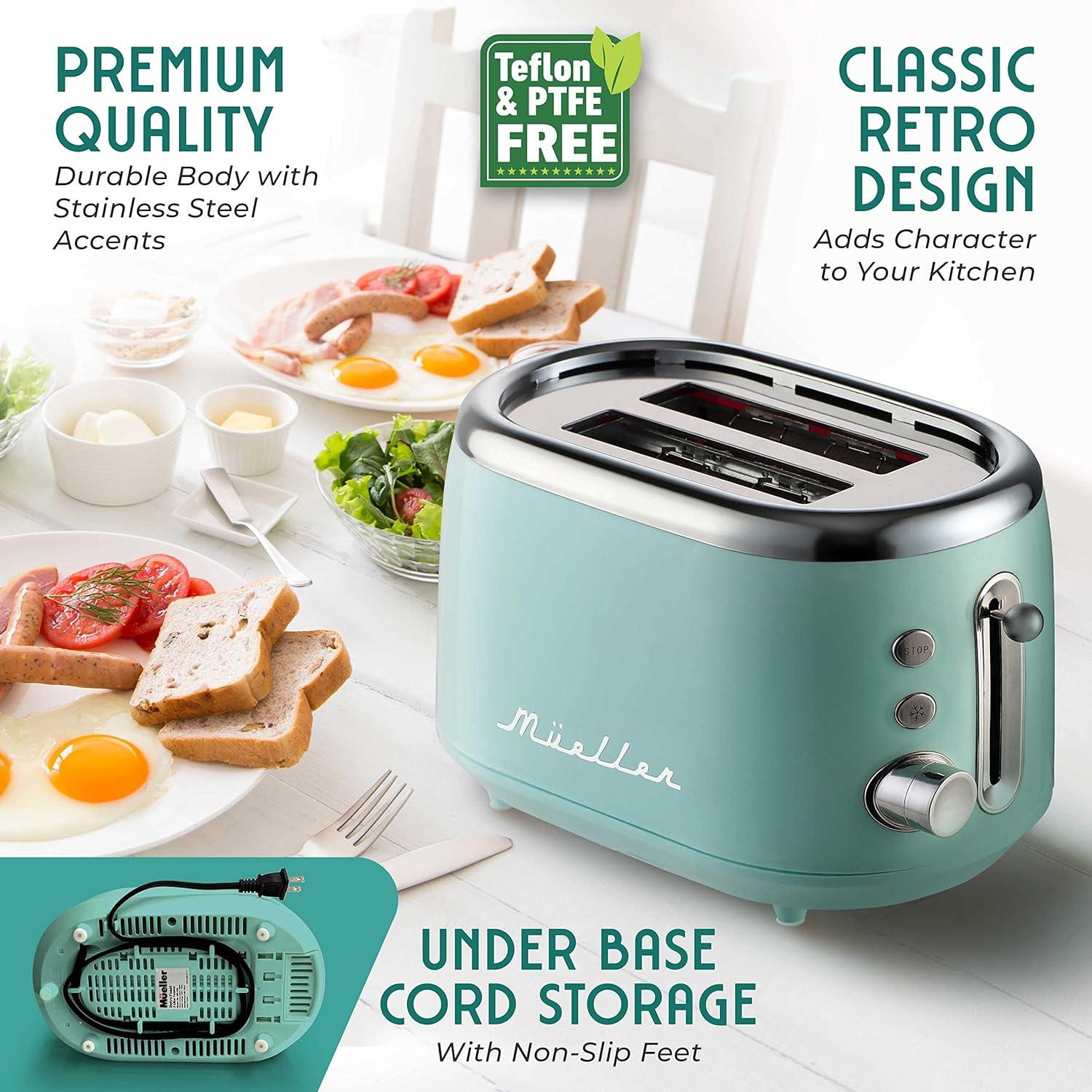 image:imageMueller Retro Toaster 2 Slice with 7 Browning Levels and 3 Functions Reheat Defrost amp Cancel Stainless Steel Features Removable Crumb Tray Under Base Cord Storage TurquoiseTurquoise