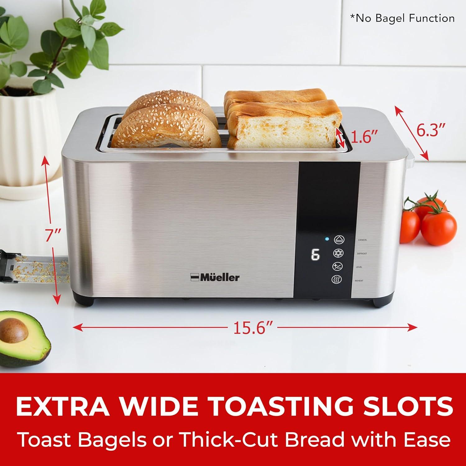 image:imageMueller UltraToast Stainless Steel Toaster 4 Slice ExtraWide 16 Slots for Artisan Bread Bagels amp Frozen Waffles 6 Browning Levels LED Display CancelDefrostReheat Removable Crumb Tray