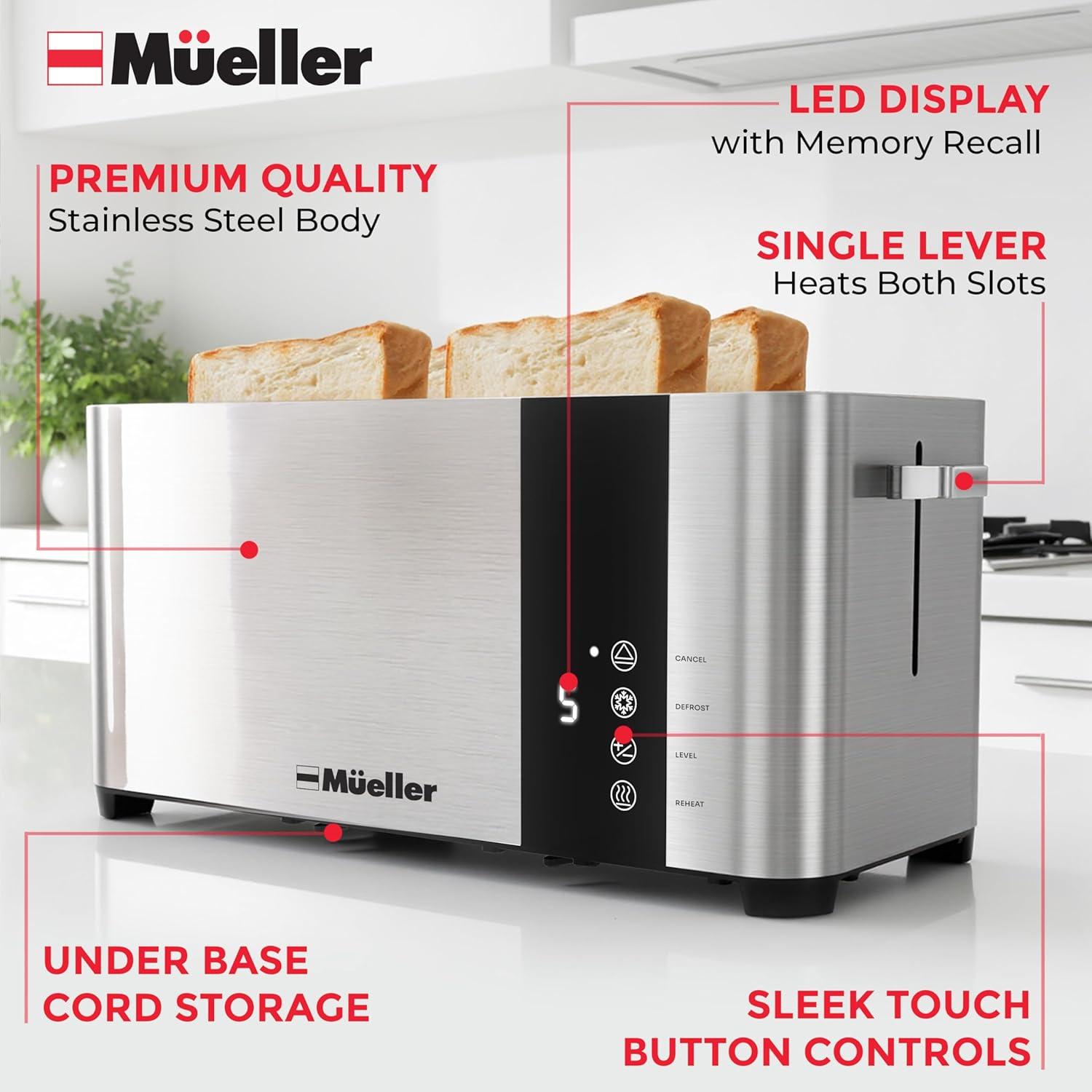 image:imageMueller UltraToast Stainless Steel Toaster 4 Slice ExtraWide 16 Slots for Artisan Bread Bagels amp Frozen Waffles 6 Browning Levels LED Display CancelDefrostReheat Removable Crumb Tray