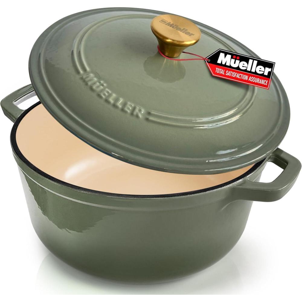 image:imageMUELLER HOME 75 QT Enameled Cast Iron Dutch Oven HeavyDuty OvenSafe up to 500 F amp Across All Cooktops Casserole Dish and Braiser Pan with Lid and Stainless Knob GreyThyme Green