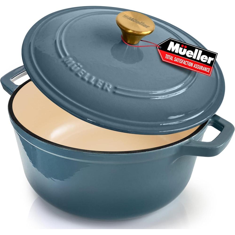 image:imageMUELLER HOME 75 QT Enameled Cast Iron Dutch Oven HeavyDuty OvenSafe up to 500 F amp Across All Cooktops Casserole Dish and Braiser Pan with Lid and Stainless Knob GreyMineral Blue