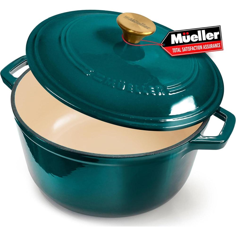 image:imageMUELLER HOME 75 QT Enameled Cast Iron Dutch Oven HeavyDuty OvenSafe up to 500 F amp Across All Cooktops Casserole Dish and Braiser Pan with Lid and Stainless Knob GreyEmerald