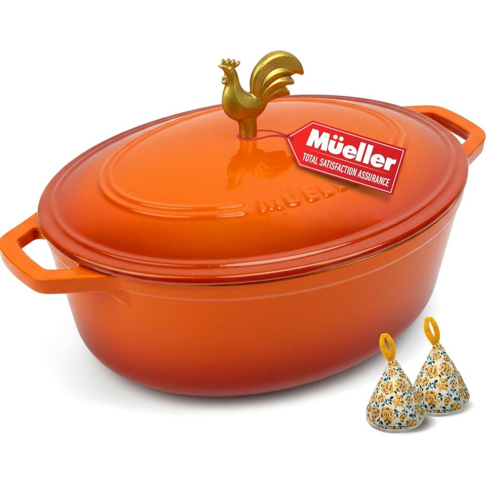 image:imageMUELLER HOME 75 QT Enameled Cast Iron Dutch Oven HeavyDuty OvenSafe up to 500 F amp Across All Cooktops Casserole Dish and Braiser Pan with Lid and Stainless Knob GreyOrange
