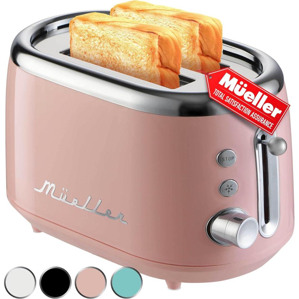 image:imageMUELLER HOME Retro Toaster 2 Slice 7 Browning Levels 3 Functions Reheat Defrost Cancel Stainless Steel Features Removable Crumb Tray Under Base Cord Storage BlackPink