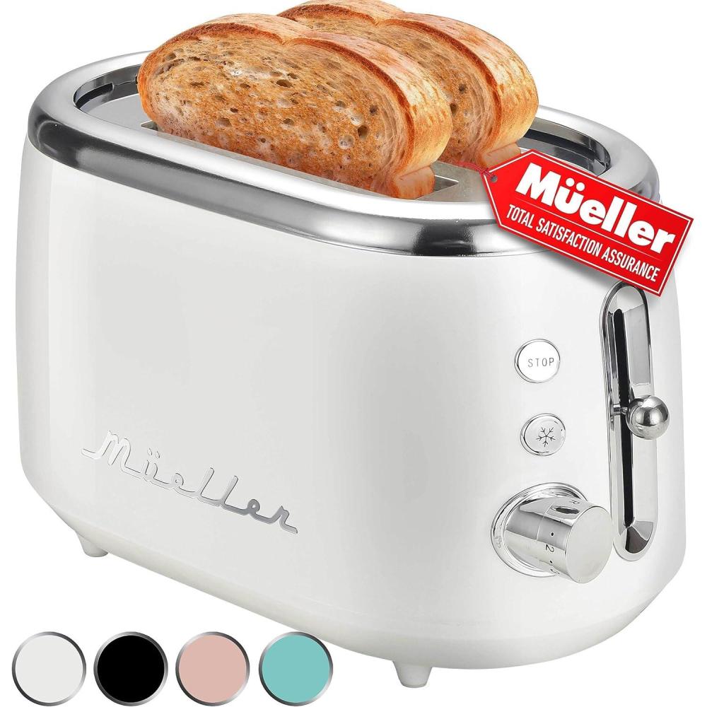 image:imageMUELLER HOME Retro Toaster 2 Slice 7 Browning Levels 3 Functions Reheat Defrost Cancel Stainless Steel Features Removable Crumb Tray Under Base Cord Storage BlackWhite