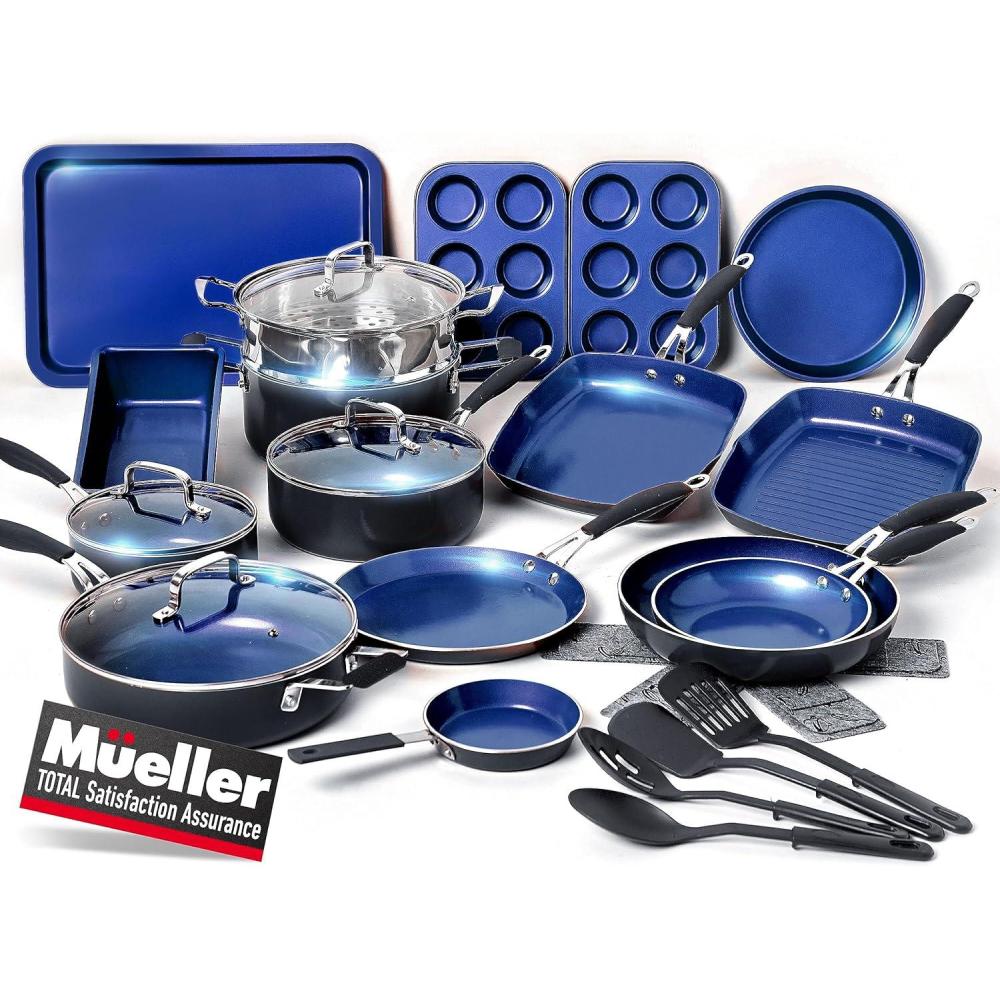 image:imageMueller Pots and Pans Set 11Piece UltraClad Pro Stainless Steel Cookware Set Ergonomic and EverCool Stainless Steel Handle Includes Saucepans Skillets Stockpot Saute Pan SteamerSapphire