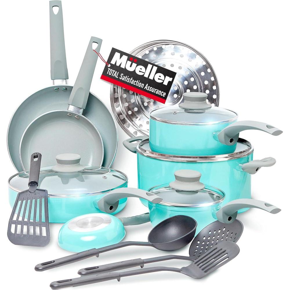 image:imageMueller Pots and Pans Set 11Piece UltraClad Pro Stainless Steel Cookware Set Ergonomic and EverCool Stainless Steel Handle Includes Saucepans Skillets Stockpot Saute Pan SteamerTurquoise