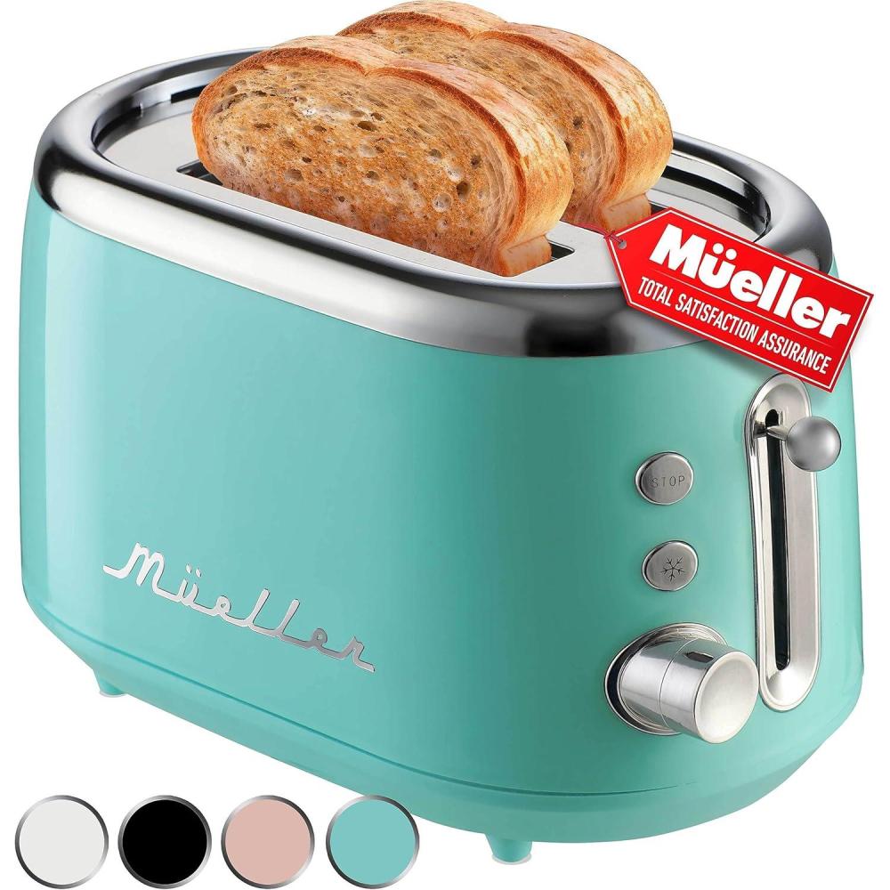 image:imageMueller Retro Toaster 2 Slice with 7 Browning Levels and 3 Functions Reheat Defrost amp Cancel Stainless Steel Features Removable Crumb Tray Under Base Cord Storage TurquoiseTurquoise