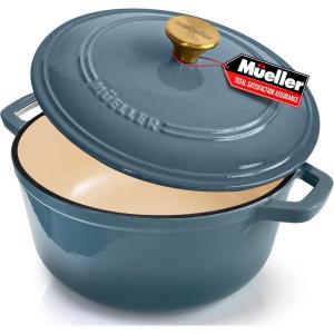 image:imageMUELLER HOME 75 QT Enameled Cast Iron Dutch Oven HeavyDuty OvenSafe up to 500 F amp Across All Cooktops Casserole Dish and Braiser Pan with Lid and Stainless Knob GreyMineral Blue