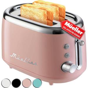 image:imageMUELLER HOME Retro Toaster 2 Slice 7 Browning Levels 3 Functions Reheat Defrost Cancel Stainless Steel Features Removable Crumb Tray Under Base Cord Storage BlackPink