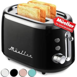 image:imageMUELLER HOME Retro Toaster 2 Slice 7 Browning Levels 3 Functions Reheat Defrost Cancel Stainless Steel Features Removable Crumb Tray Under Base Cord Storage BlackBlack